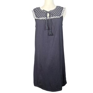 Boden Navy Blue Cotton Eyelet Yoke Tassel Shift Dress Womens US 8 UK 12
